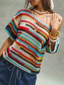 Bohemela Women's Colorful Striped Asymmetric Neck Knit Sweater - Multicolor - View 5
