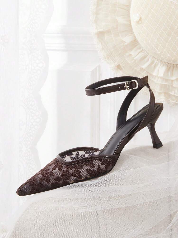 CUCCOO HITCHD French Floral Lace Mesh Pointed Toe Stiletto Sandals, Elegant French + Gentle Mature Style, Lace Embroidery, Suitable For Women's Daily Commute, Dates, Light Formal Occasions (Such As Afternoon Tea, Small Parties), Especially Paired With Dresses And Skirts Elegant Shoes Summer Shoes