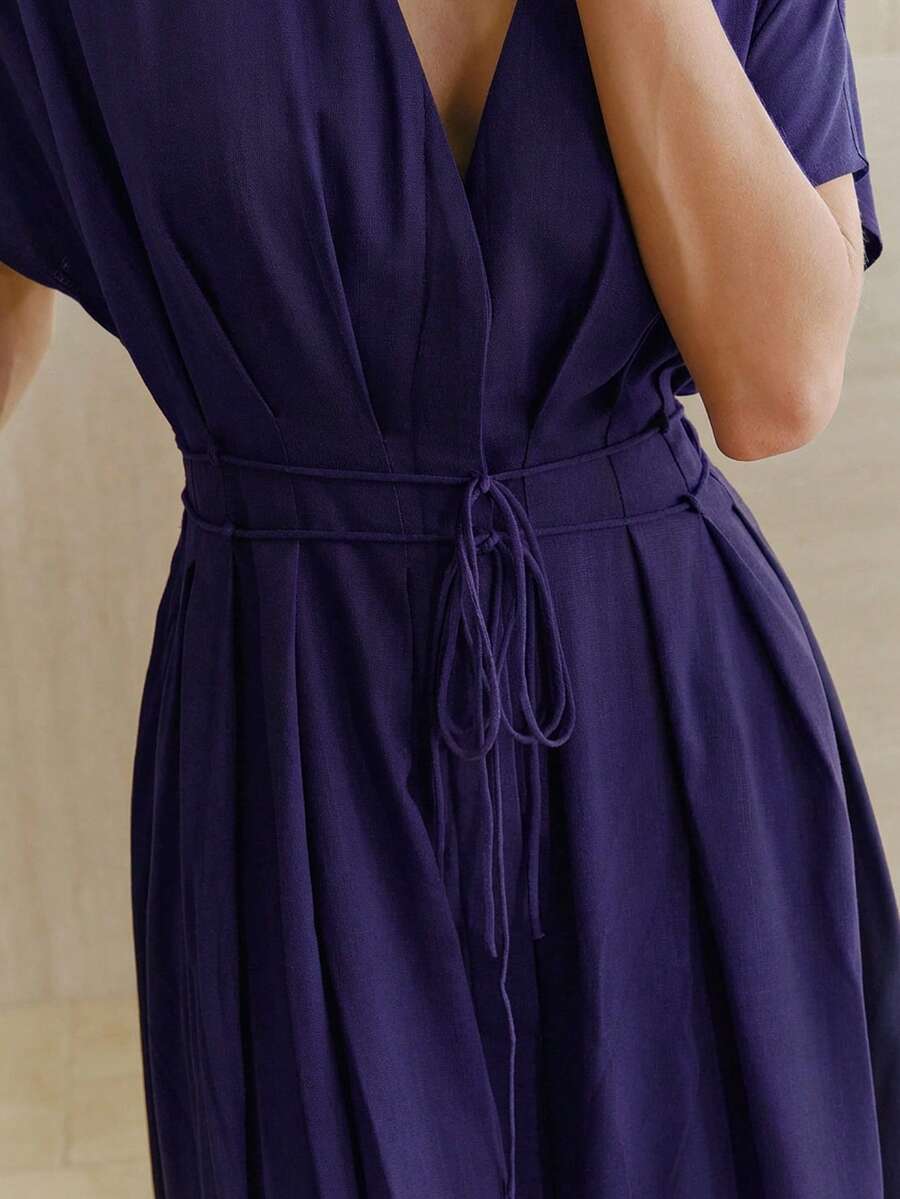 Anewsta 女士新款春夏亚麻紫色优雅深V领蝙蝠袖褶皱系带连衣裙，适合日常、派对、聚会、度假等场合。 - Bold Plum - 查看 1