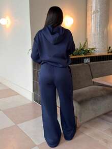 女士秋冬新款保暖休闲宽松连帽衫和运动裤两件套，海军蓝 - 藏蓝色 - 查看 2