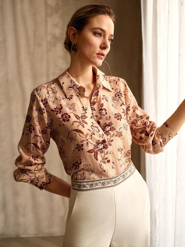 WOMEN'S ROMANTIC FLORAL PRINT LINEN BLEND SHIRT, SPRING/SUMMER
