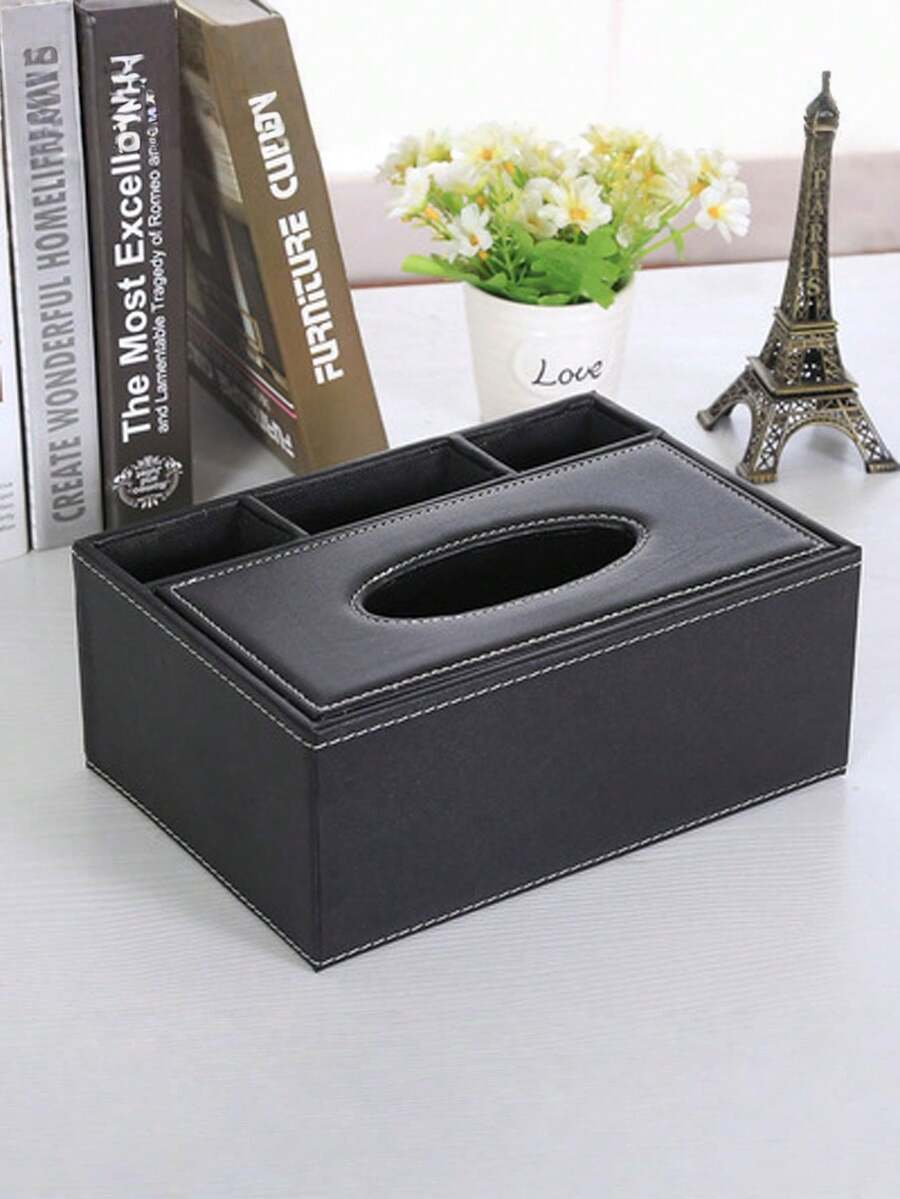 Desktop Organizer - Office Supplies Storage Box - PU Leather Multi-Functional Organizer - For Pens/Pencils, Mobile Phones, Business Cards, & Remote Controls - Black - Black - View 1