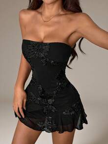 SHEIN PETITE Brown Sash Embroidered Sleeveless A-Line Mini Dress, Brunch Dress, Bridesmaid Cocktail Party Dress, Formal Occasion Dress, Birthday Party Dress, Valentine's Day Dress,Summer Dresses For Women - Black - View 3