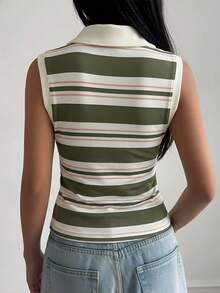 DAZY Áo tank top cổ xanh kẻ sọc dáng casual dành cho nữ, thích hợp mùa xuân hè phong cách Y2K. - màu xanh lá - Xem 2