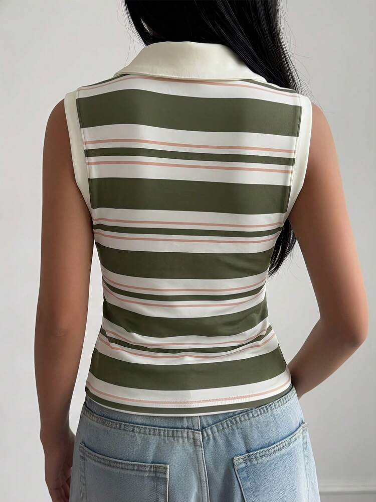 Green Collar Striped Casual Tank Top For Women, Spring & Summer