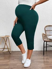 Plussiva Dark Green,Summer,Smart Casual,Everyday Plus Size Pregnant Women's Solid Color Capri Leggings,Stretchable Maternity Pants For Yoga  Gym Outfits - Dark Green - View 5