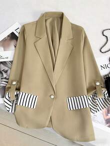 Franclia 2026 New Women's Fashion Lightweight Blazer,Three-Quarter Sleeves Striped Details Pearl Buttons Chic Summer Office Wear,Beige Elegant Business Jacket - Khaki - View 7