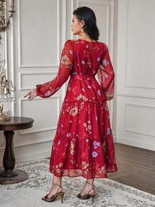Modelyn 女士碎花褶皱中长连衣裙，时尚百搭，适合派对和各种场合 - 紅色 - 查看 2