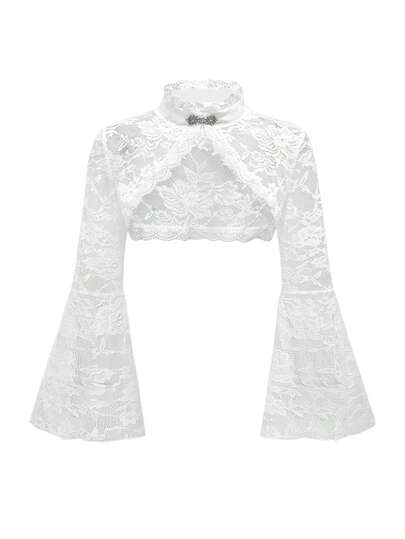 ROMWE Áo khoác cardigan ren Gothic cỡ lớn có tay loe, màu trắng