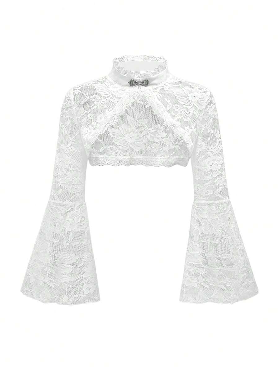 ROMWE Áo khoác cardigan ren Gothic cỡ lớn có tay loe, màu trắng - trắng - Xem 1