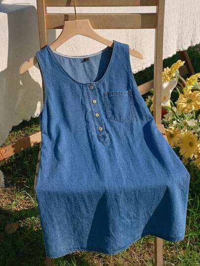 Comfortcana Plus Size Women Casual Button Half-Placket Sleeveless Denim Dress