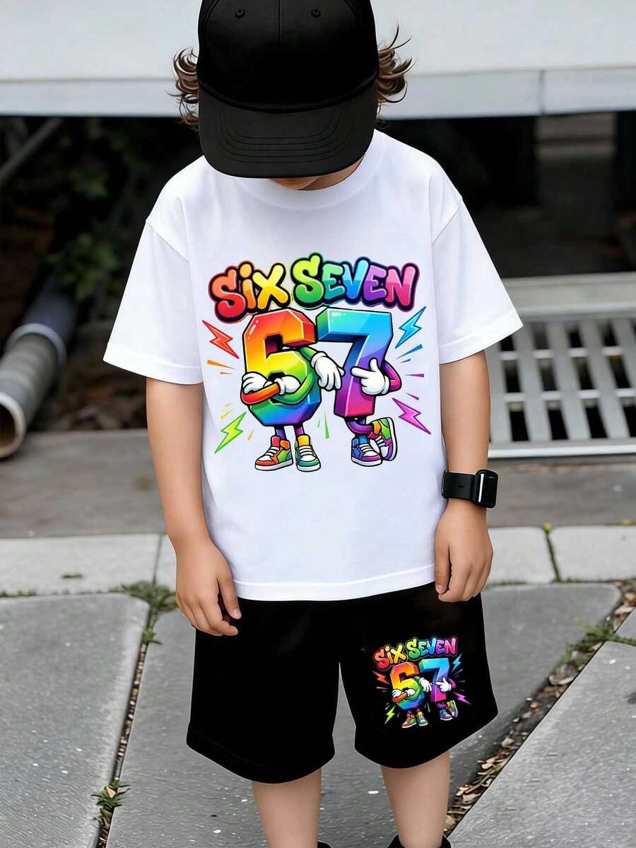 2pcs/Set Boys' Casual Colorful Gradient Number 67 & Lightning Graphic Tee And Shorts Set, Comfortable Daily Wear For Spring, Summer & Autumn