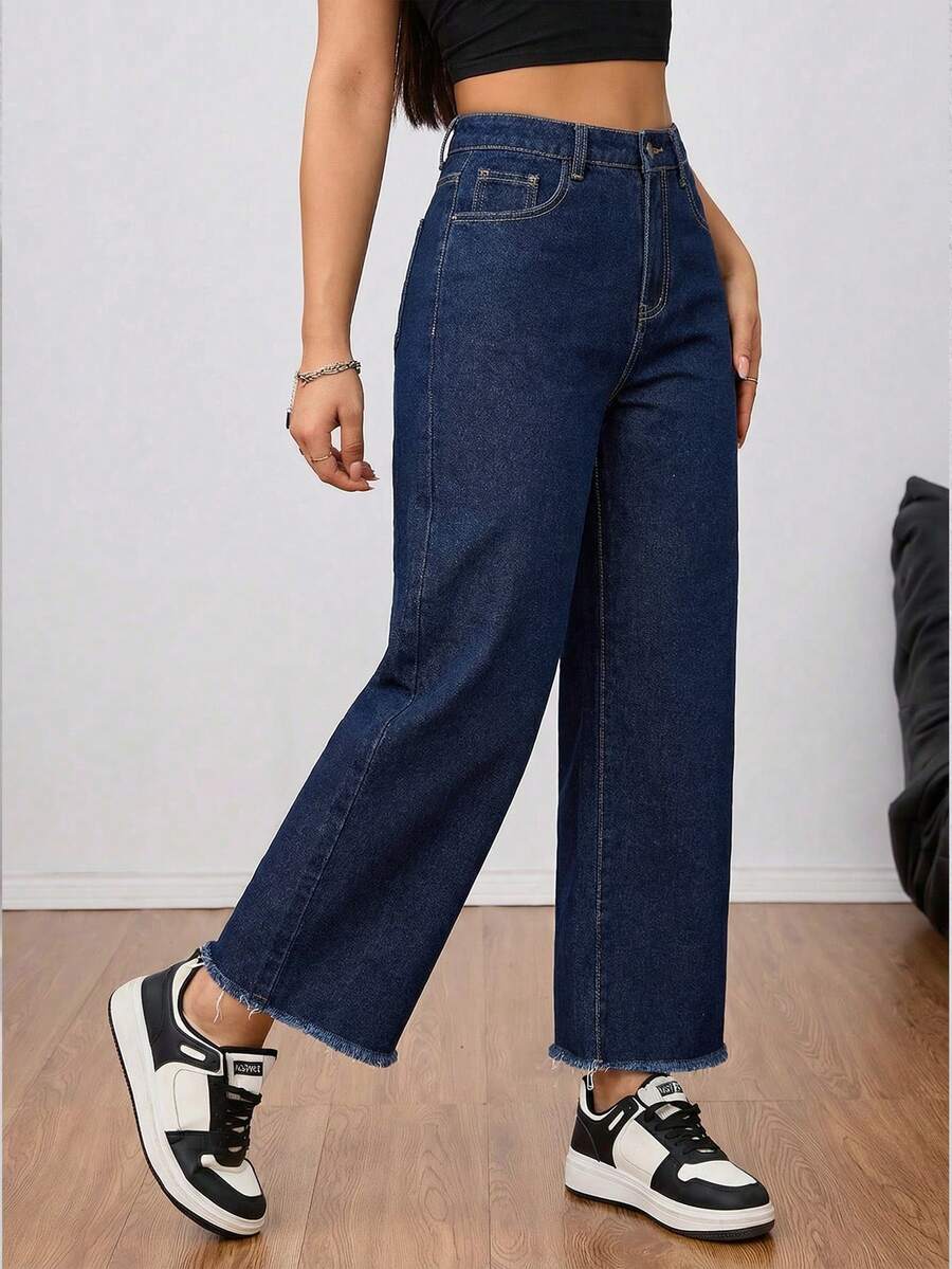 SHEIN Tall 女款高腰口袋直筒寬鬆休閒牛仔褲,適合高個女性 - 藍色 - 查看 1