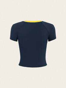 SHEIN Unity Camiseta de fútbol de aficionado de Brasil, cuello de tripulación con ribete contrastante, manga corta, top corto de ajuste ceñido - Azul Marino - Ver 2