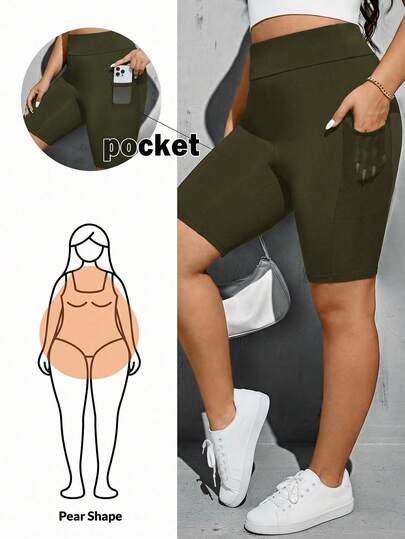SHEIN Essnce Plus Size Women's Spring And Summer Fashion Casual Sports High Elasticity Comfortable Basic Versatile Daily Balck Motorcycle Shorts With Pockets,Women Bottom,Street Wear,Curve Shorts,Going Out Clothes,Y2k Clothes,Joggers
