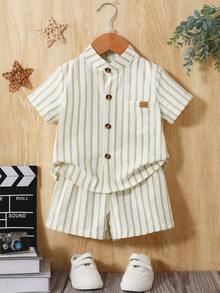SHEIN Playful Pals 2pack Toddler Boy Beige Summer Casual City Break Outfit Set,Kids Vintage Old Money Vertical Stripe Button Down Shirt & Shorts,Quiet Luxury Beach Wear - Khaki - View 2