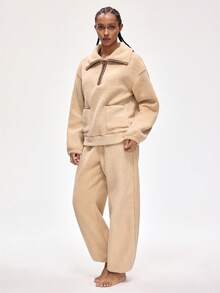 Women's Casual Comfortable Zip-Up Drop Shoulder Top And Pants Loungewear Set, Autumn/Winter - Khaki - View 1