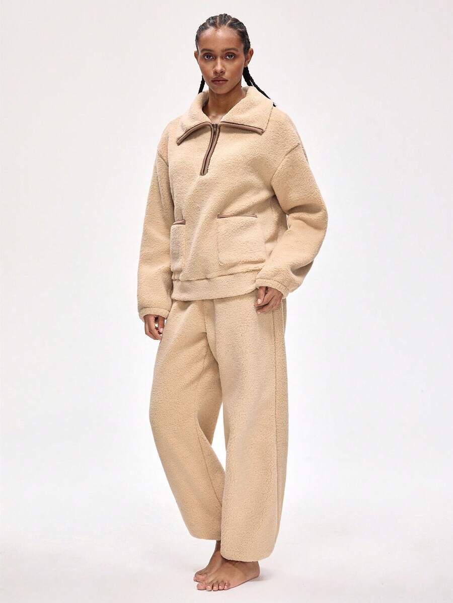 Women's Casual Comfortable Zip-Up Drop Shoulder Top And Pants Loungewear Set, Autumn/Winter - Khaki - View 1