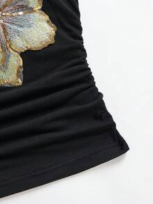 SHEIN EZwear Women's Black Summer Elegant 2 Pieces Set,Beaded Embroidered Camisole Top & Mid-Rise Shorts,Beach Vacation Holiday Birthday Party Sequin Outfit - Black - View 3