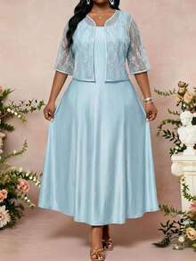 Fleurora 大码女装两件套：网纱短袖开衫上衣和无袖连衣裙，优雅 - 淺藍色 - 查看 1