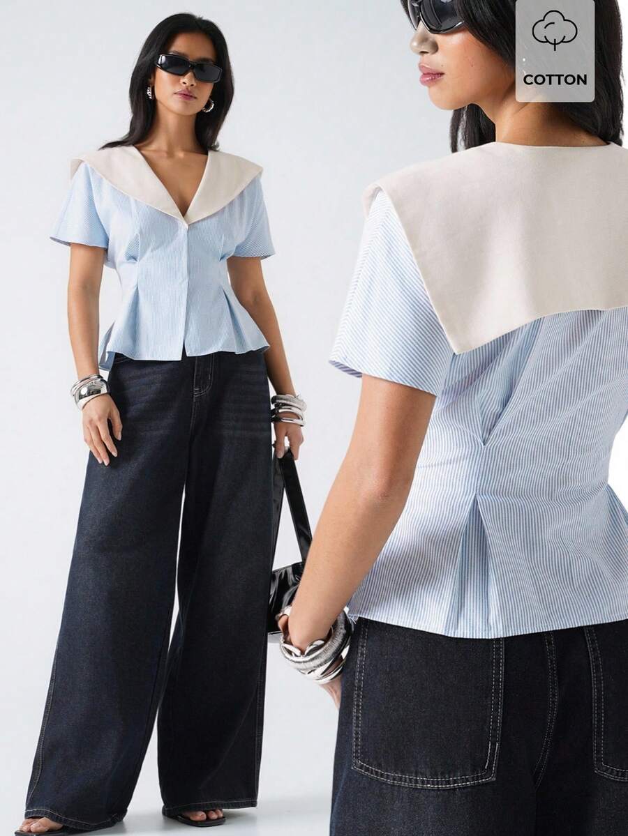 LYSMO 2026 New Arrive Minimalism Spring/Summer Women's Contrast Stripe Navy Collar Short Sleeve Single-Breasted Shirt,Summer Top - Blue - View 1