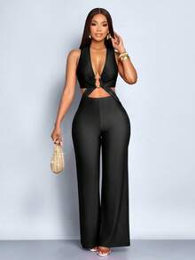 SOLERSUN Bộ jumpsuit nữ màu trơn thanh lịch, gợi cảm, kiểu dáng mới mùa xuân hè, cổ chữ V sâu, thích hợp cho kỳ nghỉ đêm, đi chơi, du lịch, tiệc tùng, đi chơi hàng ngày. - màu đen - Xem 1