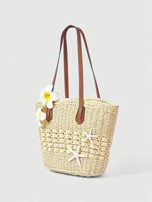 SHEIN Túi tote đan bằng rơm hình trứng hoa sao biển phong cách nghỉ dưỡng ven biển, túi đeo vai rỗng ruột dung tích lớn (phụ kiện cần tự lắp ráp). - Nhiều màu - Xem 2