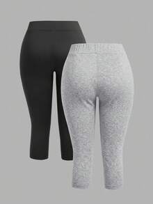 SHEIN EZwear 2 piezas Leggings casuales de talle 7/8 con estampado floral negro y gris claro para mujer, adecuados para el verano - Multicolor - Ver 2