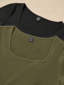 SHEIN EZwear 两件套休闲简约黑色和军绿色女式圆领短袖连体衣，适合春夏穿着 - 彩色 - 查看 5