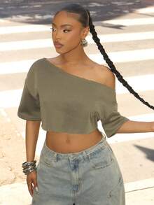 Denimoi Off Shoulder Raw Edge Crop Top Fashionable Streetwear Lounge Wear Everyday Wear - Grey - View 3