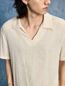 ROMWE MEN Street Life Men's Linen Solid Color Short Sleeve Polo Shirt - Apricot - View 2