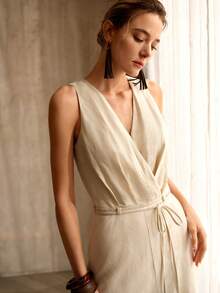 MOTF PREMIUM 女士亚麻混纺吊带长连衣裙 - 杏色 - 查看 2