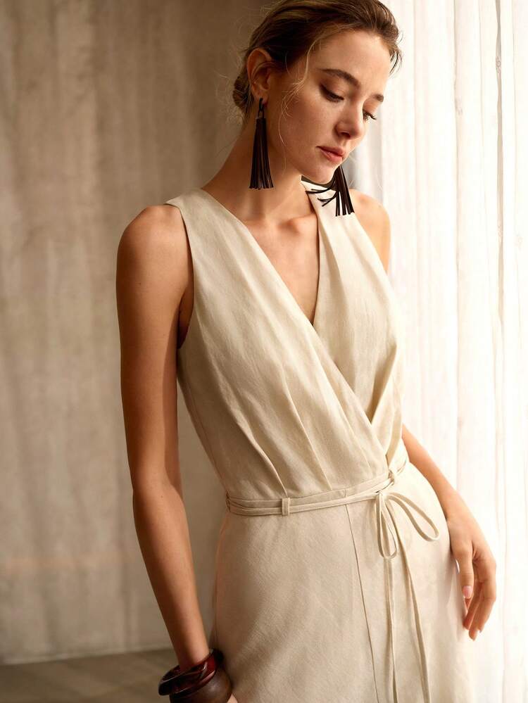 WOMEN'S LINEN BLEND HALTER LONG DRESS