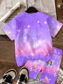 SHEIN 2件套少女休闲时尚彩色韩流女团字母星星印花圆领短袖T恤和短裤套装，适合夏季穿着 - 彩色 - 查看 3