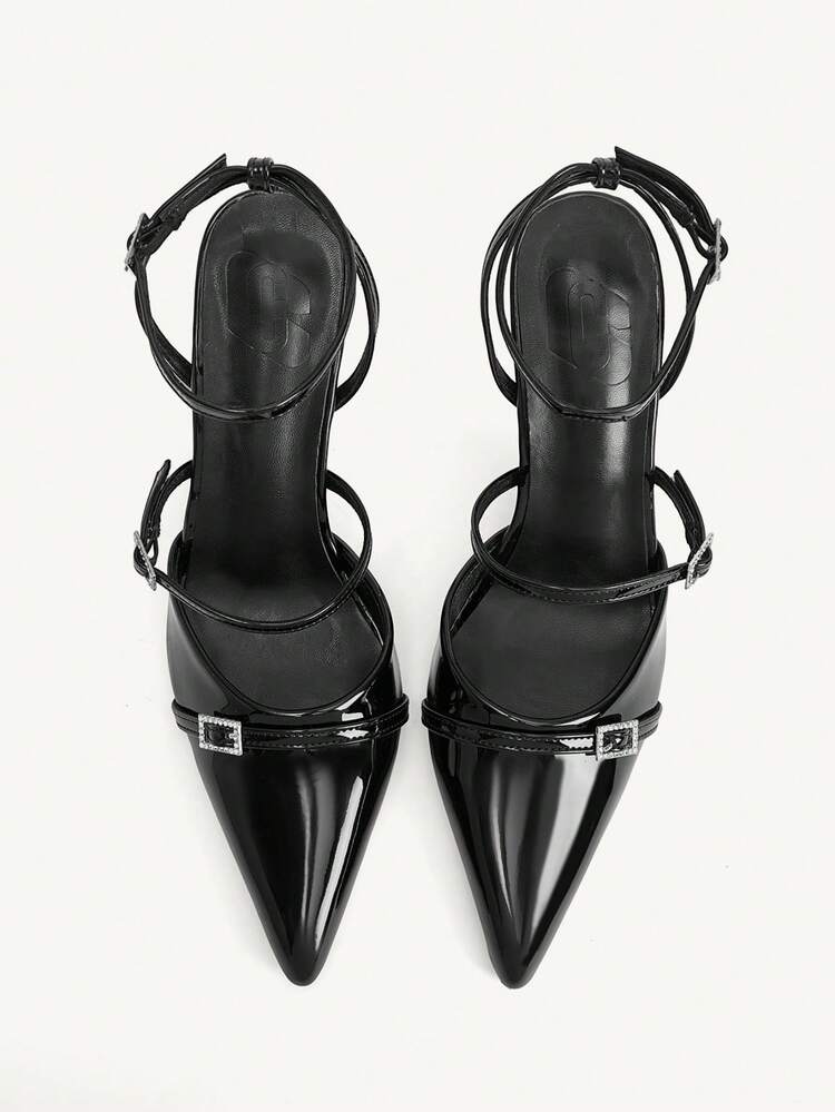 CUCCOO CHICEST Women's Shoes Spring And Summer New Fashion Ankle With Rhinestone Pin Buckle Structural Design Pointed Wine Glass Heel High Heel Fashion Elegant Temperament Sexy Black Crystal PU Material Slingbacks Dress Shoes Dating Afternoon Tea Party Valentine's Day Elegant Wear
