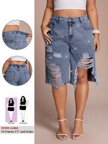 SHEIN PETITE CURVE Shorts vaqueros de tiro alto con efecto desgastado y strass para mujer talla grande, conjuntos de fiesta casuales de verano estilo Y2K, shorts vaqueros sueltos y rectos de moda desgastada para el verano talla grande - Azul lavado medio - Ver 10