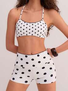 Athîral Women's Casual Sleeveless Shorts Polka Dot White Knitted Sports Suit, Suitable For Spring And Summer Wear, Gym Wear, Yoga Wear, Girls' Wear, Casual Suit - Black and White - View 3