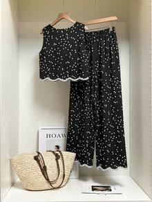 SHEIN Frenchy Bộ đồ nữ đi nghỉ mát, họa tiết chấm bi, gồm áo hai dây và quần dài. - Đen và trắng - Xem 2