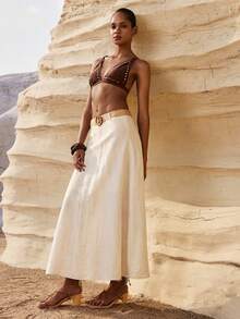 MAIJA Vacation Boho Printed Smocked Waist Flowy Midi Skirt - Beige - View 7