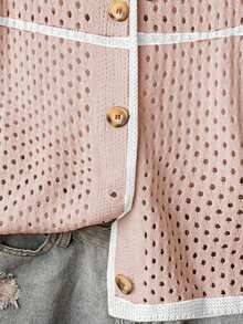 Linhara Cardigan Wanita Ukuran Besar, Rajut Blok Warna, Bukaan Depan, Berongga, Bergaris, Lengan Pendek, Kasual, Ringan, Musim Semi/Panas - Berwarna merah muda - View 5