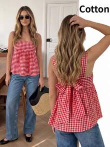 Easowa 女士格子蝴蝶结装饰休闲百搭日常衬衫 - 彩色 - 查看 2