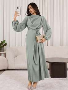 Veilorie Đầm nữ thanh lịch, tối giản, màu trơn, tay phồng xếp ly, kiểu dáng Ả Rập, thắt eo, thích hợp cho mùa xuân/thu. - màu xanh lá - Xem 10