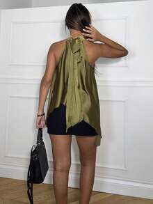Ronhire Olive Green Satin Halter Neck Backless Loose Maxi Dress, Sexy A-Line Top Suitable For Spring/Summer Vacation, Beach, Elegant Wedding Guest, Holiday, Autumn/Winter Evening Occasions - Olive Green - View 2