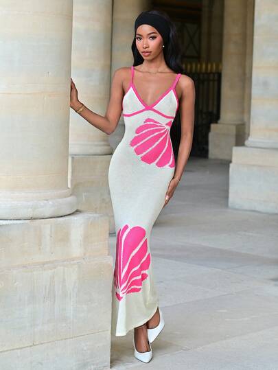 Mima John Vestido de punto con bloque de color y bordado de conchas romántico para mujer, primavera/verano, vacaciones