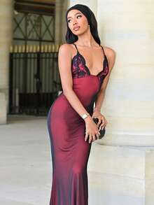 Mima John V 领撞色蕾丝露背交叉带鱼网美人鱼下摆紧身吊带裙女式超长女装 - 彩色 - 查看 5