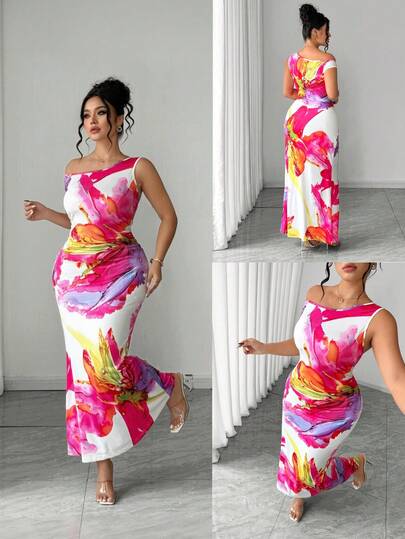 Elenzga Đầm nữ cỡ lớn thanh lịch, gợi cảm, nhiều màu sắc, ôm sát, chất liệu vải co giãn, in họa tiết, thích hợp cho kỳ nghỉ xuân/hè.