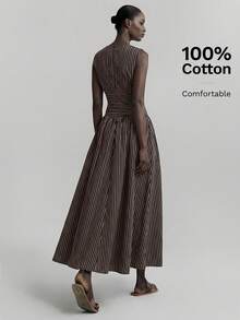 Ontre 2026春夏女装条纹拼接优雅女士条纹圆领无袖褶皱休闲连衣裙，日常穿着，复活节连衣裙，夏季连衣裙，优雅连衣裙，休闲连衣裙，长款连衣裙，节日连衣裙，婚礼活动连衣裙 - 棕色 - 查看 2