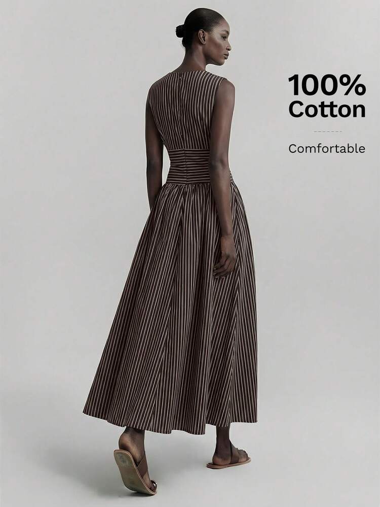 2026SS New Summer Women's Striped Patchwork Elegant Lady Striped Round Neck Sleeveless Waist Pleated Casual Dress, Daily Wear, Easter Dress, Summer Dress, Elegant Dress, Casual Dress, Holiday Dress, Wedding Dress