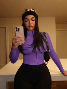 Slaydiva Minimalist Casual Basic Autumn/Winter Mock Neck Zip-Up Long Sleeve Fitted Jacket - E - Violet Purple - View 1