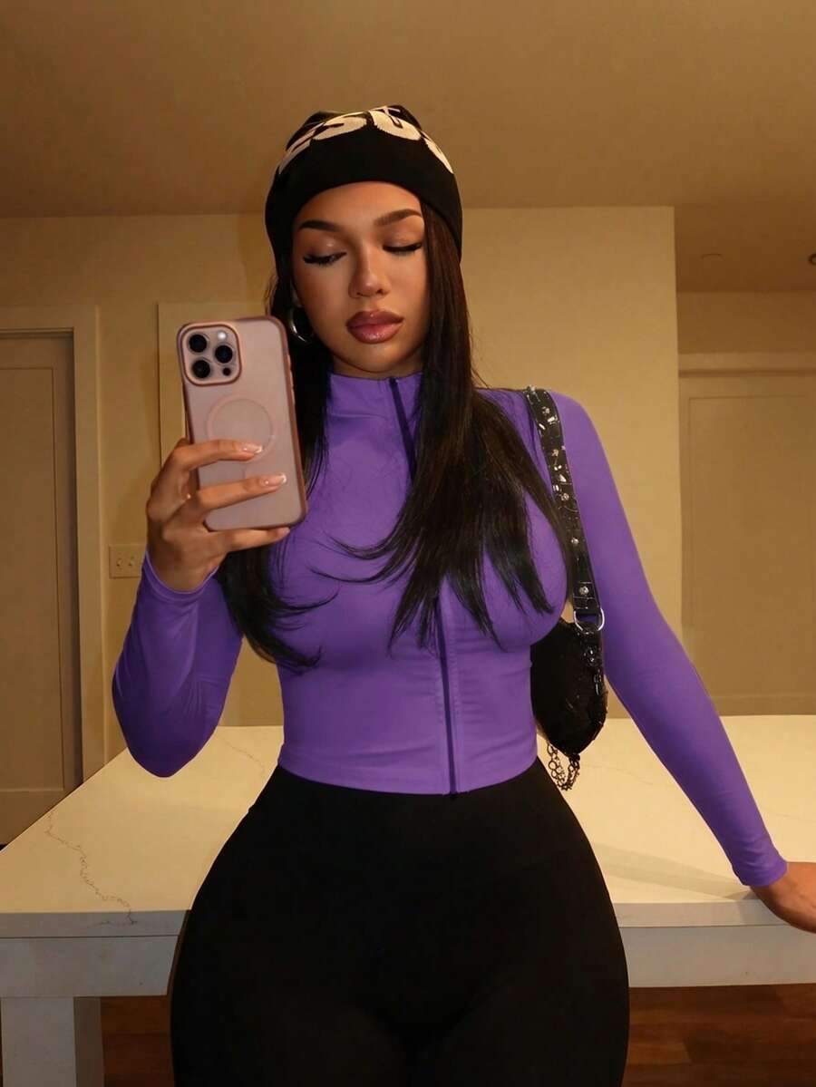 Slaydiva Minimalist Casual Basic Autumn/Winter Mock Neck Zip-Up Long Sleeve Fitted Jacket - E - Violet Purple - View 1